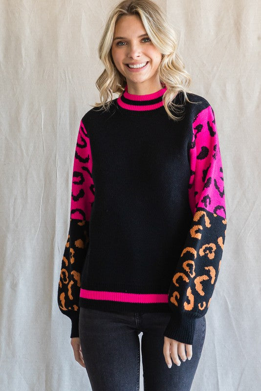 Plus Size Colorblock Leopard Print Cutout Sweater