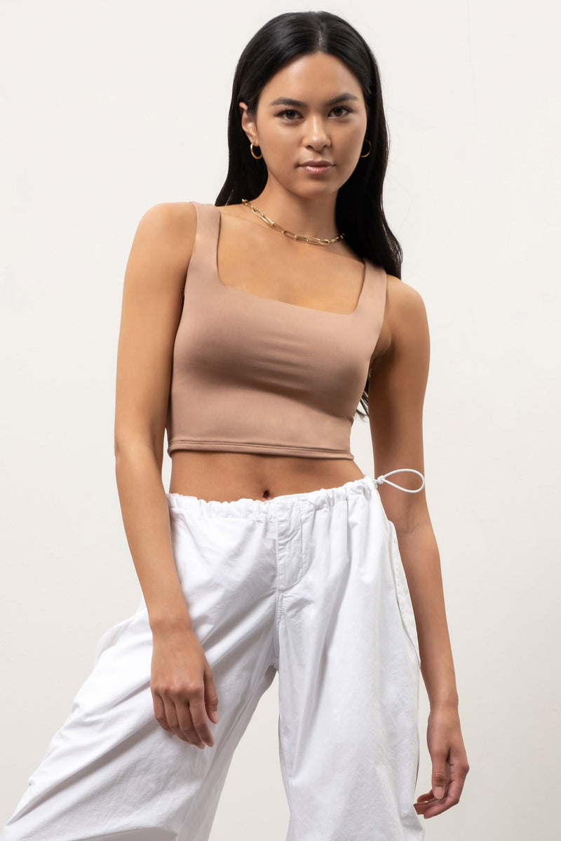 Just Perfect Beige Square Neck Cropped Tank Top