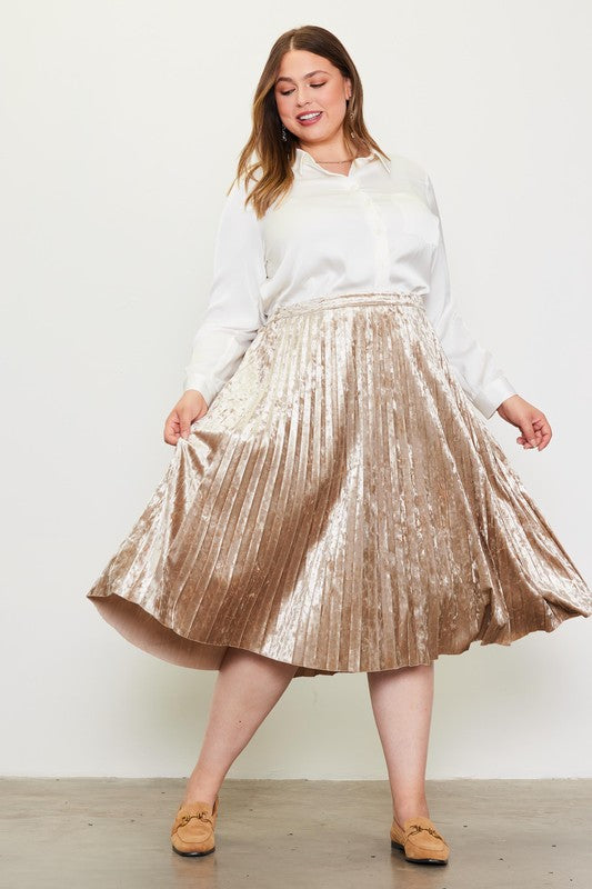 Velvet Pleated Midi Skirt Plus Size Champagne 2X