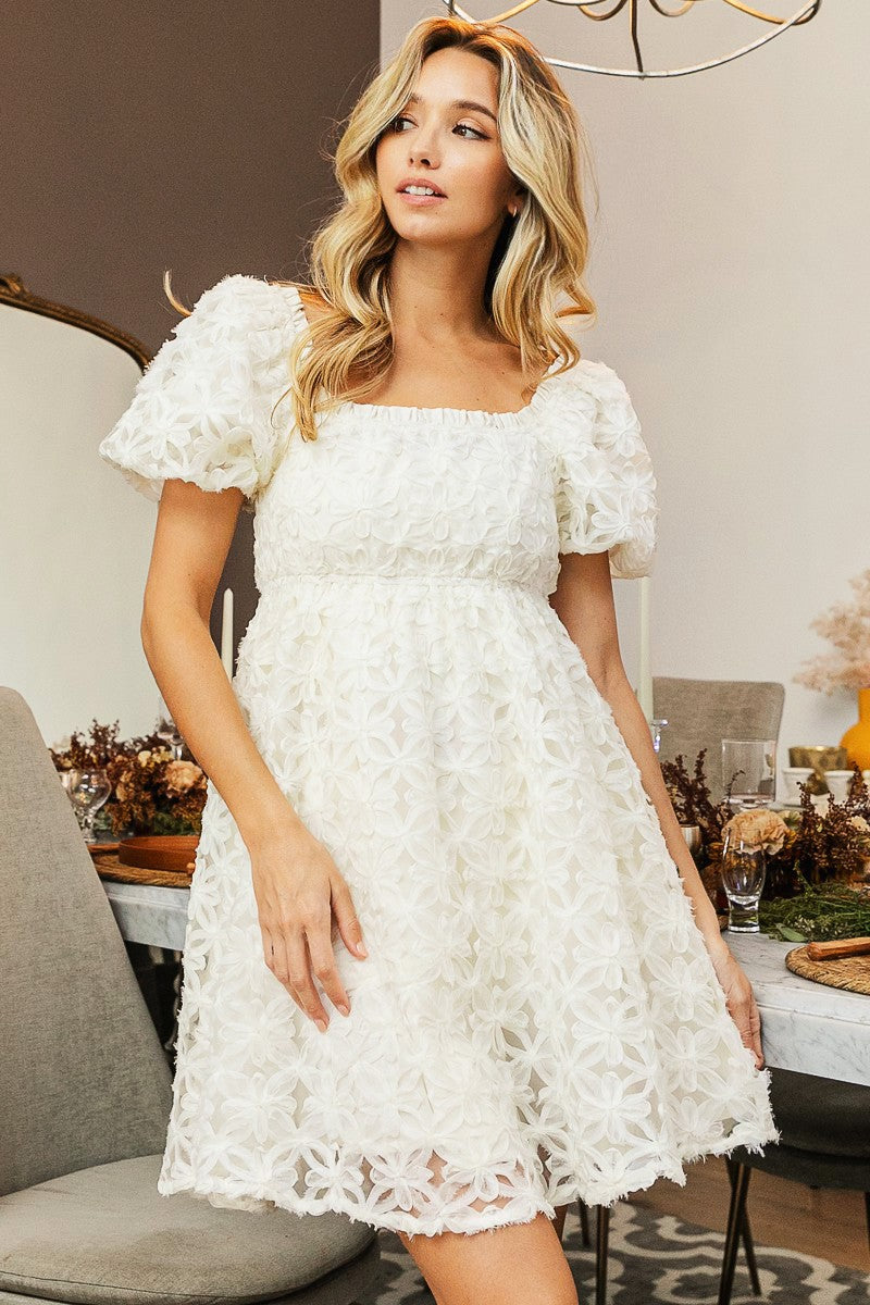 Floral Overlay Puff Sleeve Dress Off White Small