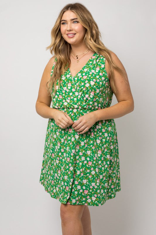 Faux Wrap Green Floral Dress (Plus Size)