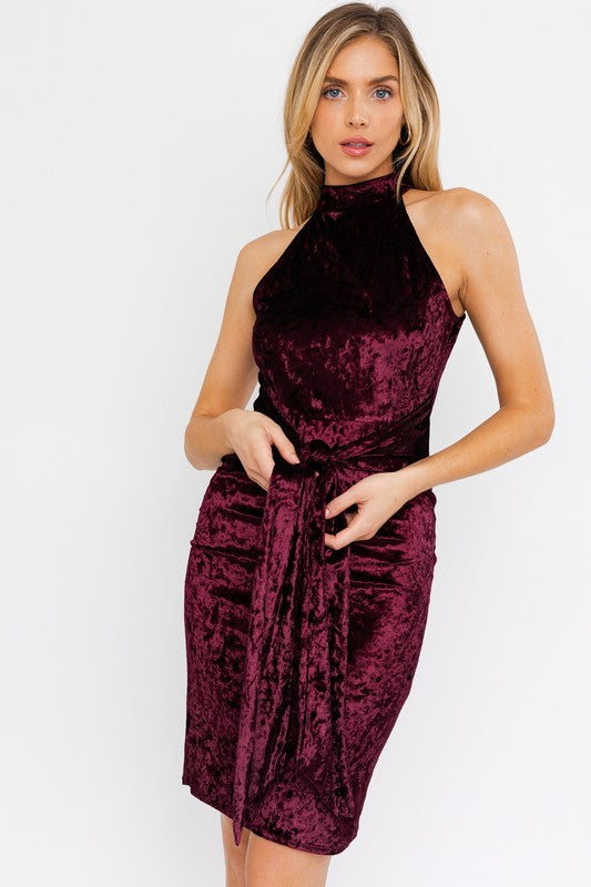 Halter Neck Waist Tie Velvet Dress