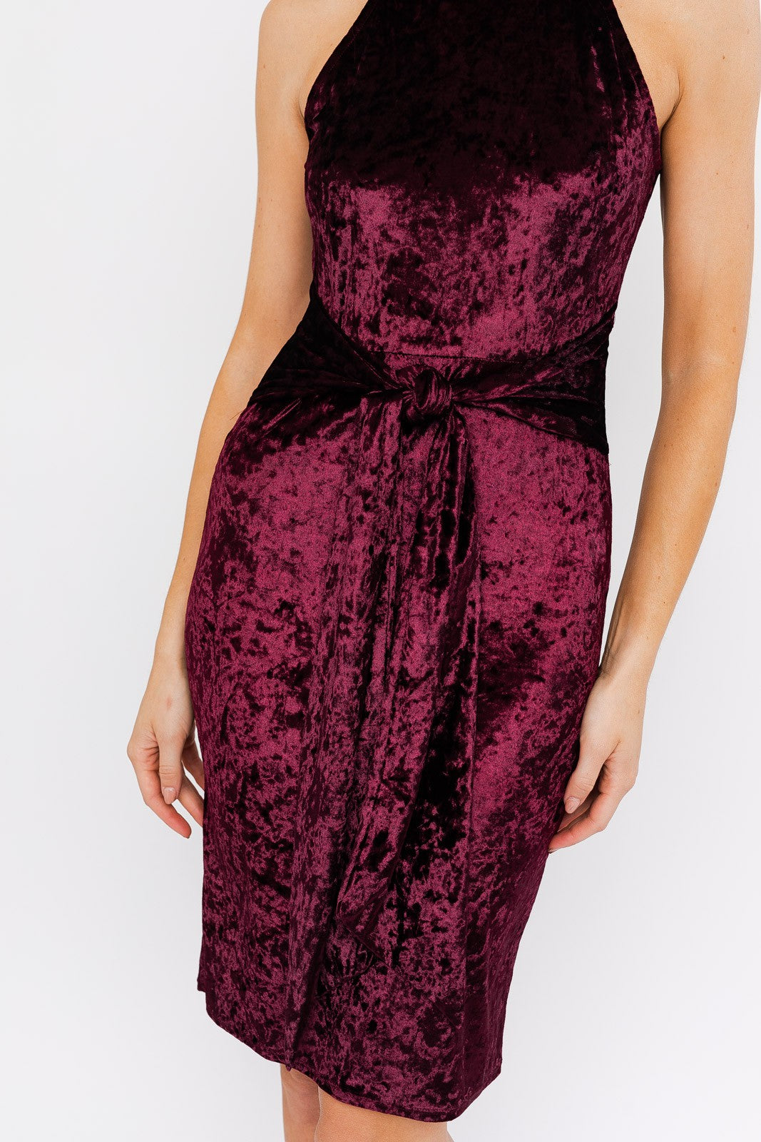 Halter Neck Waist Tie Velvet Dress