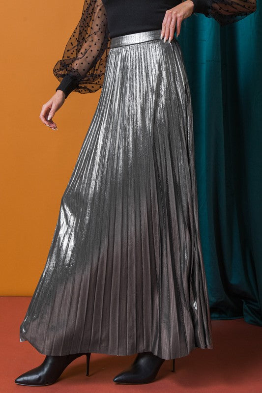 Silver Foil Pleated Maxi Skirt