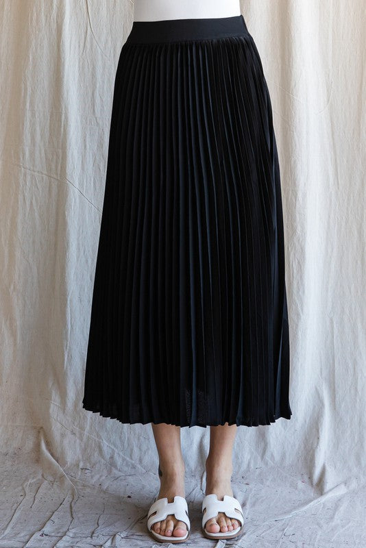 Solid Pleated Midi Skirt Black Plus Size 3X