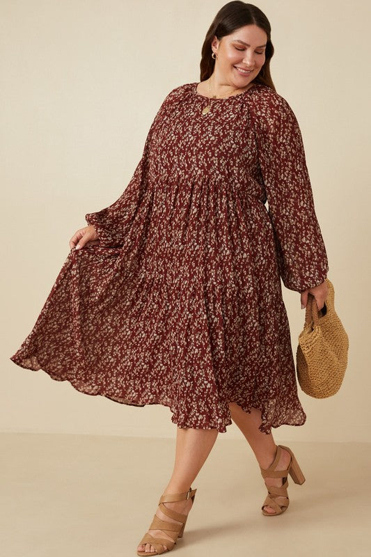 Textured Long Sleeve Floral Print Maxi Dress (Plus Size)