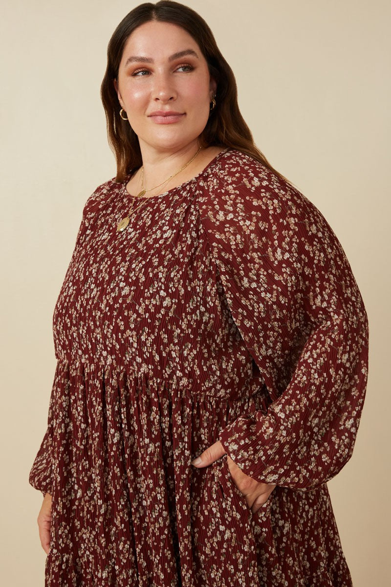 Textured Long Sleeve Floral Print Maxi Dress (Plus Size)