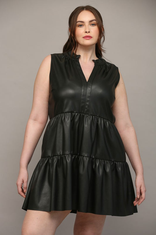 Faux Leather Sleeveless Ruffle Dress (Plus Size)