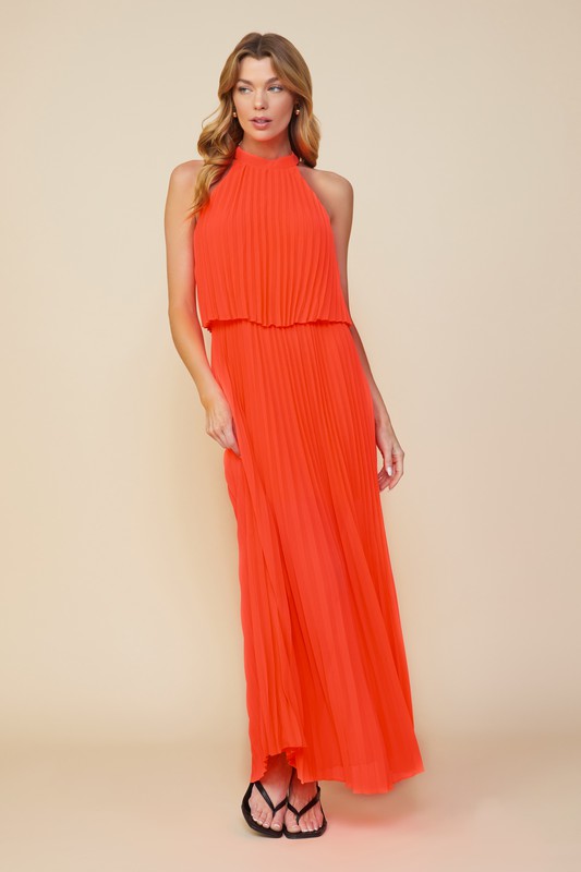 Pleated Tiered Halter Maxi Dress