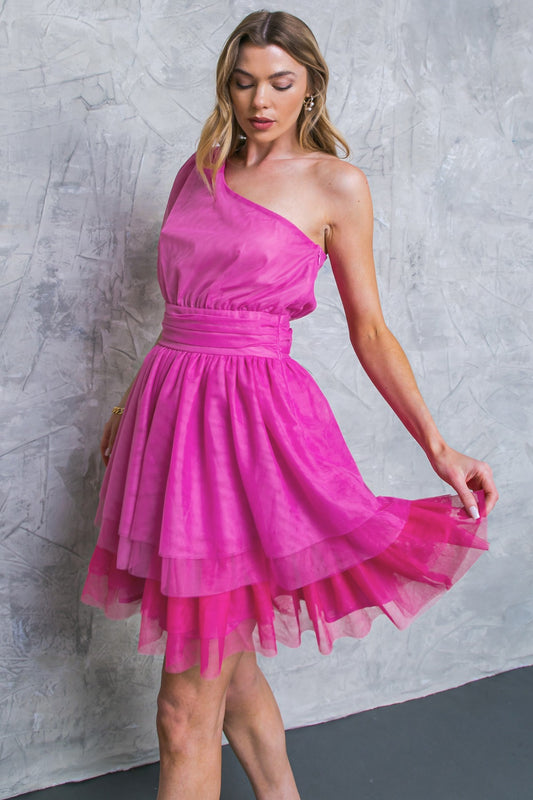 One Shoulder Pink Pouf Dress