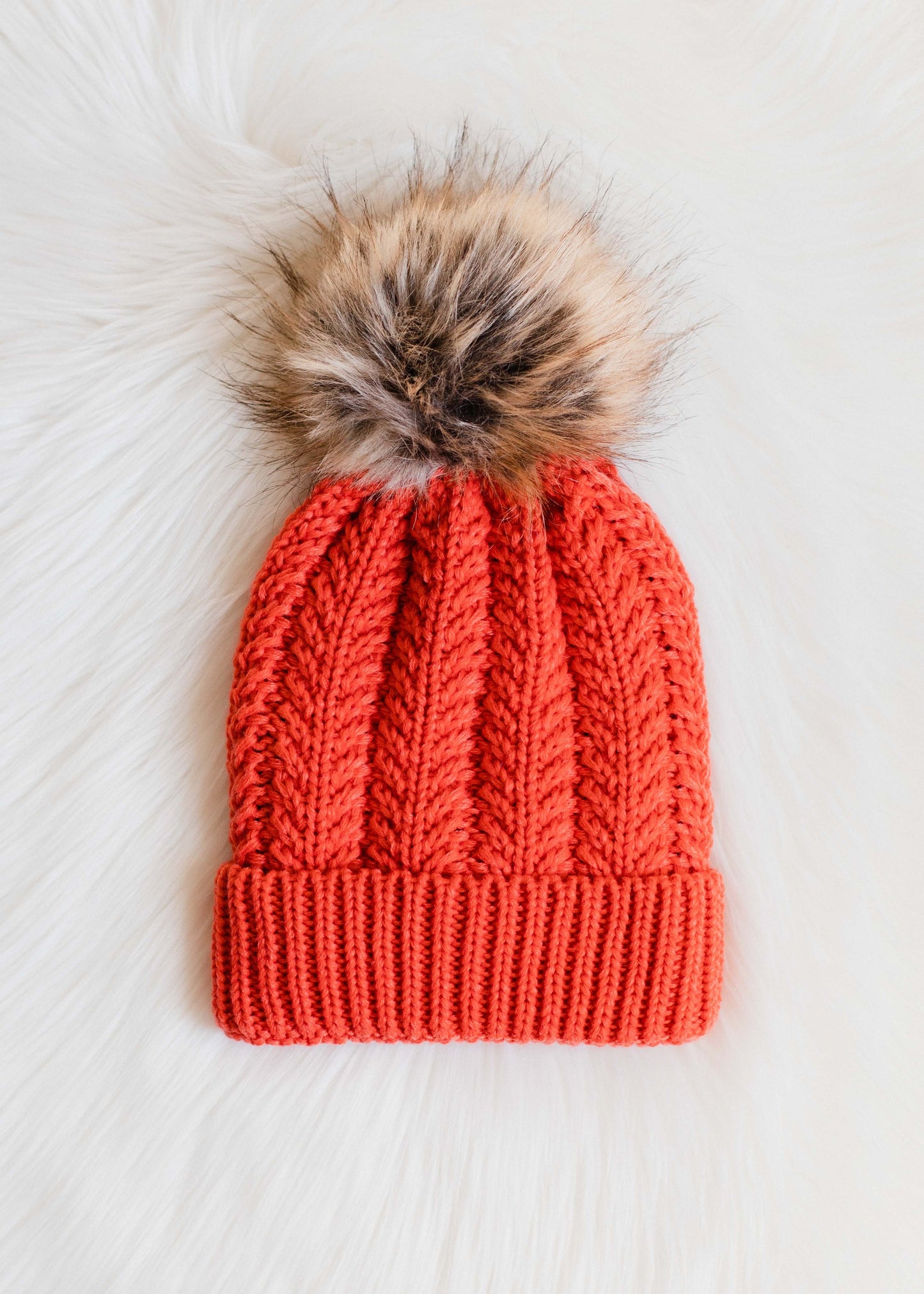 Orange Cable Knit Pom Hat