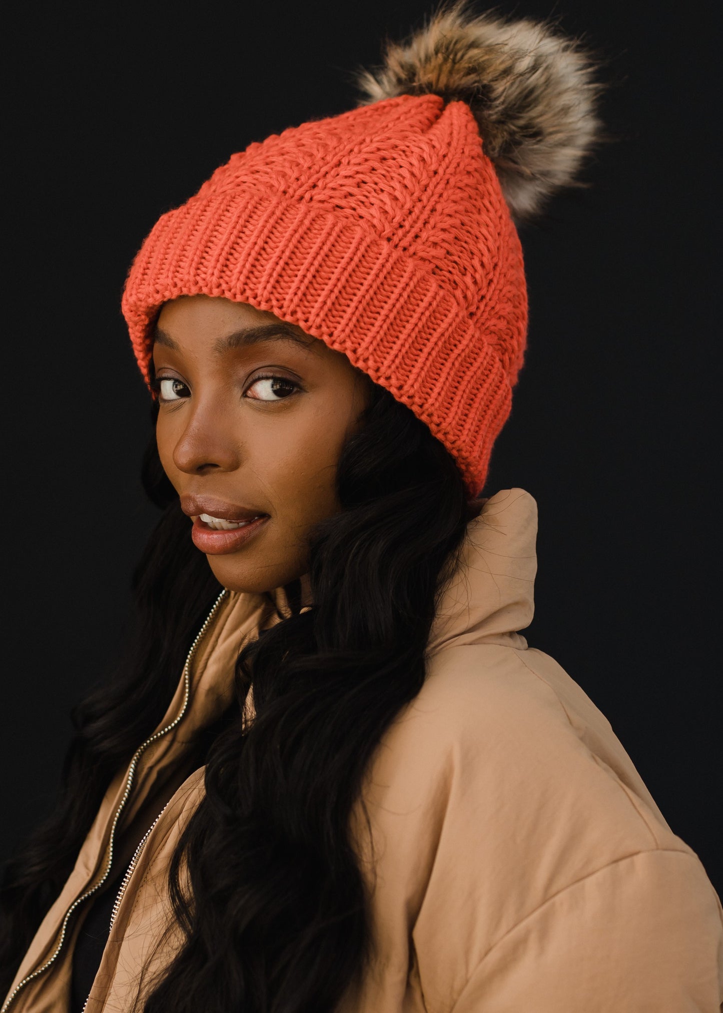 Orange Cable Knit Pom Hat