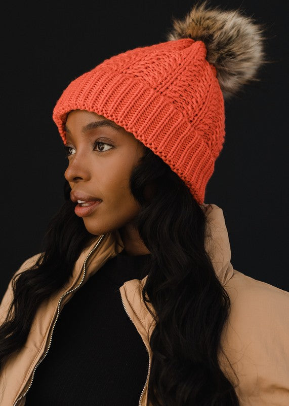 Orange Cable Knit Pom Hat