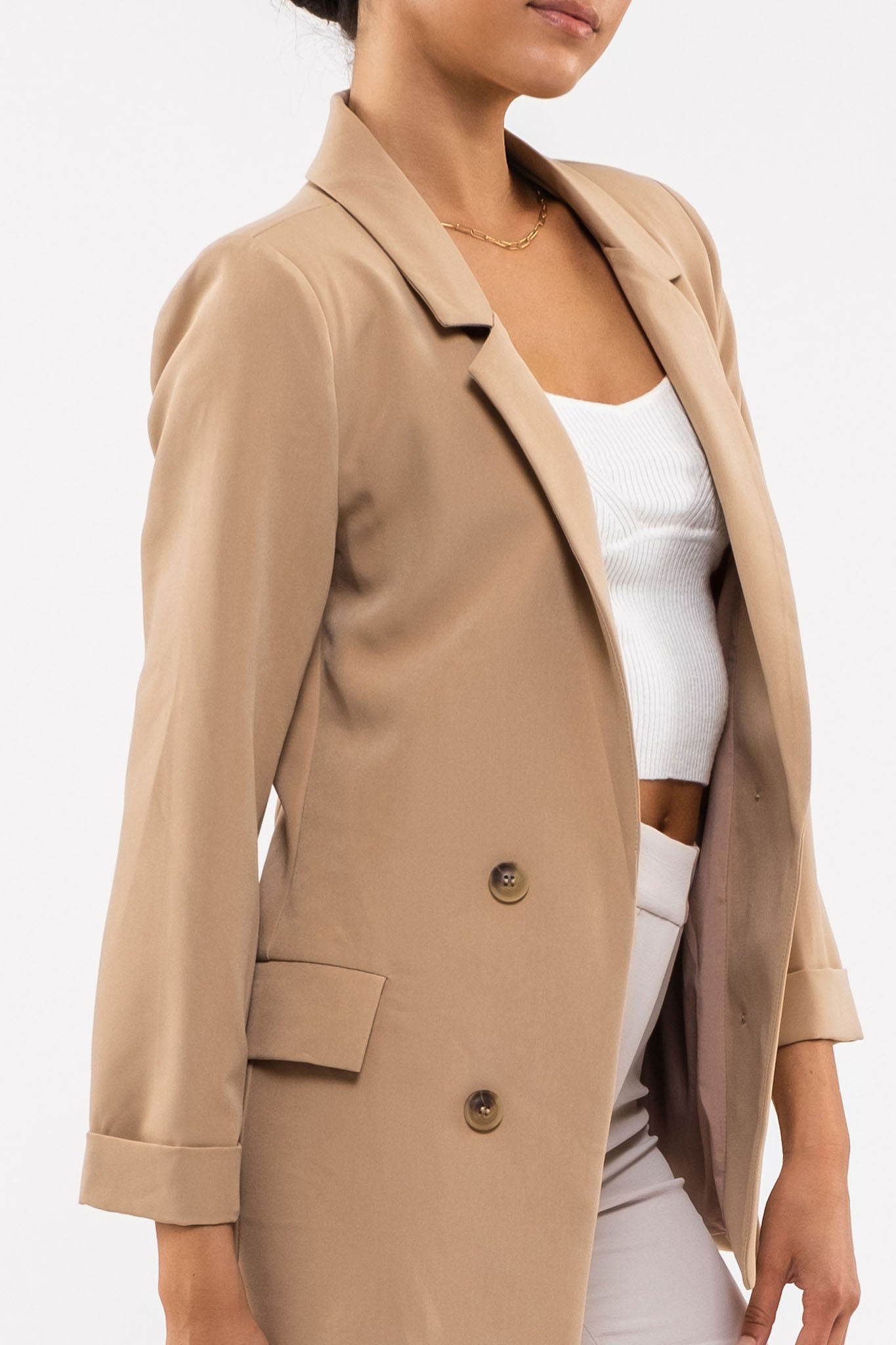 Double Breasted 3/4 Sleeve Blazer (Khaki) – In Pursuit Mobile