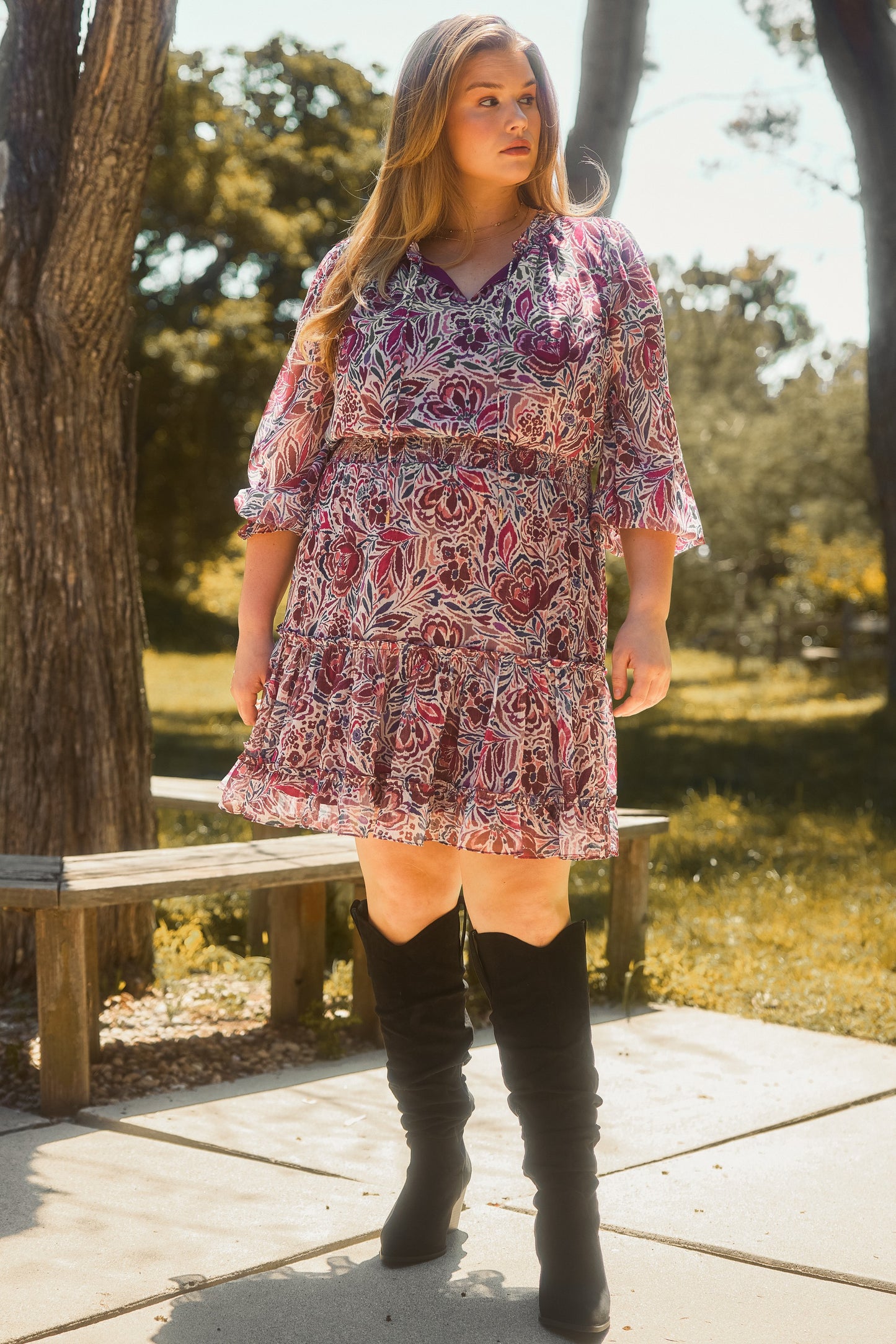 Long Sleeve Floral Print Dress (Plus Size)