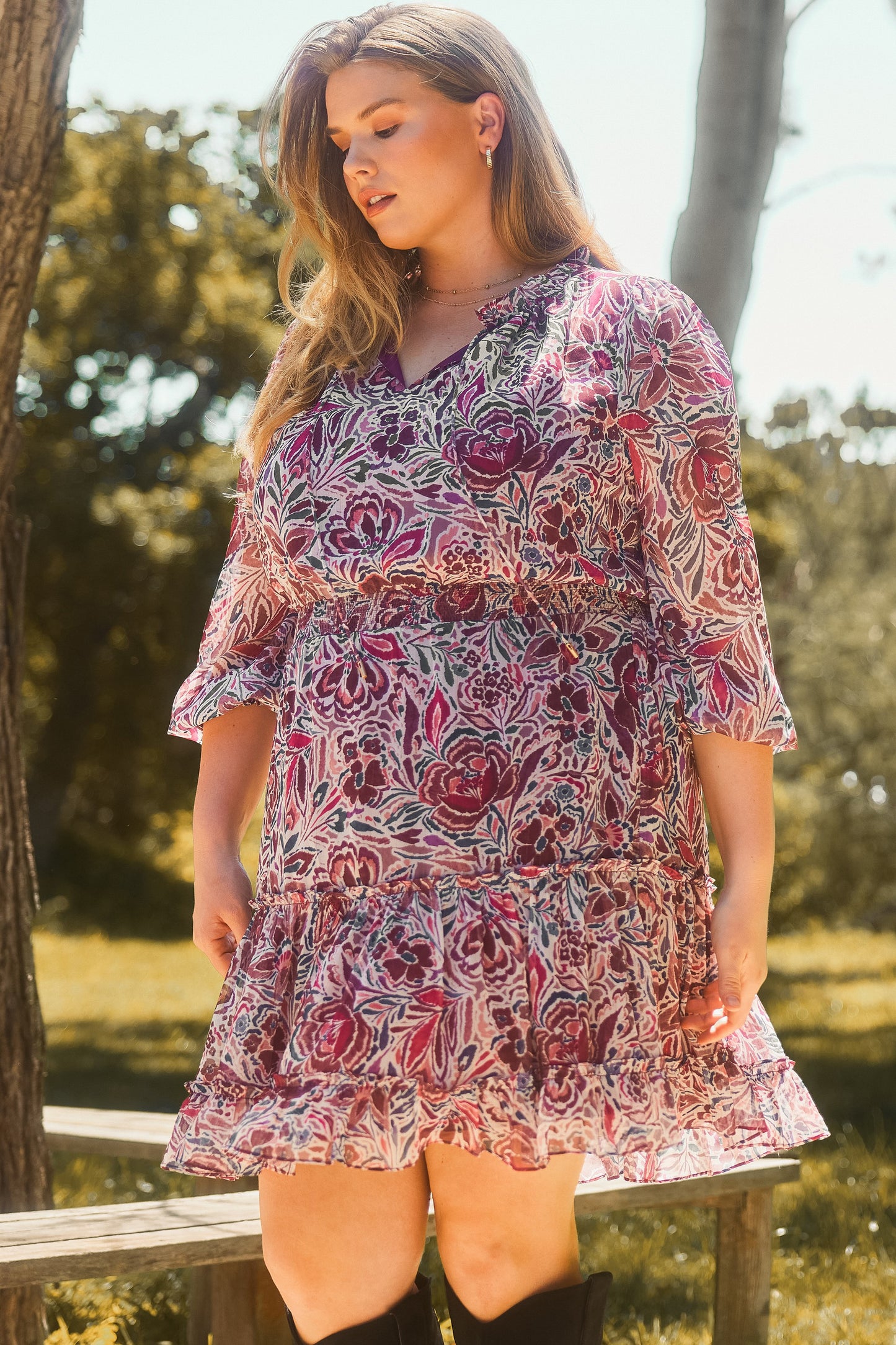 Long Sleeve Floral Print Dress (Plus Size)