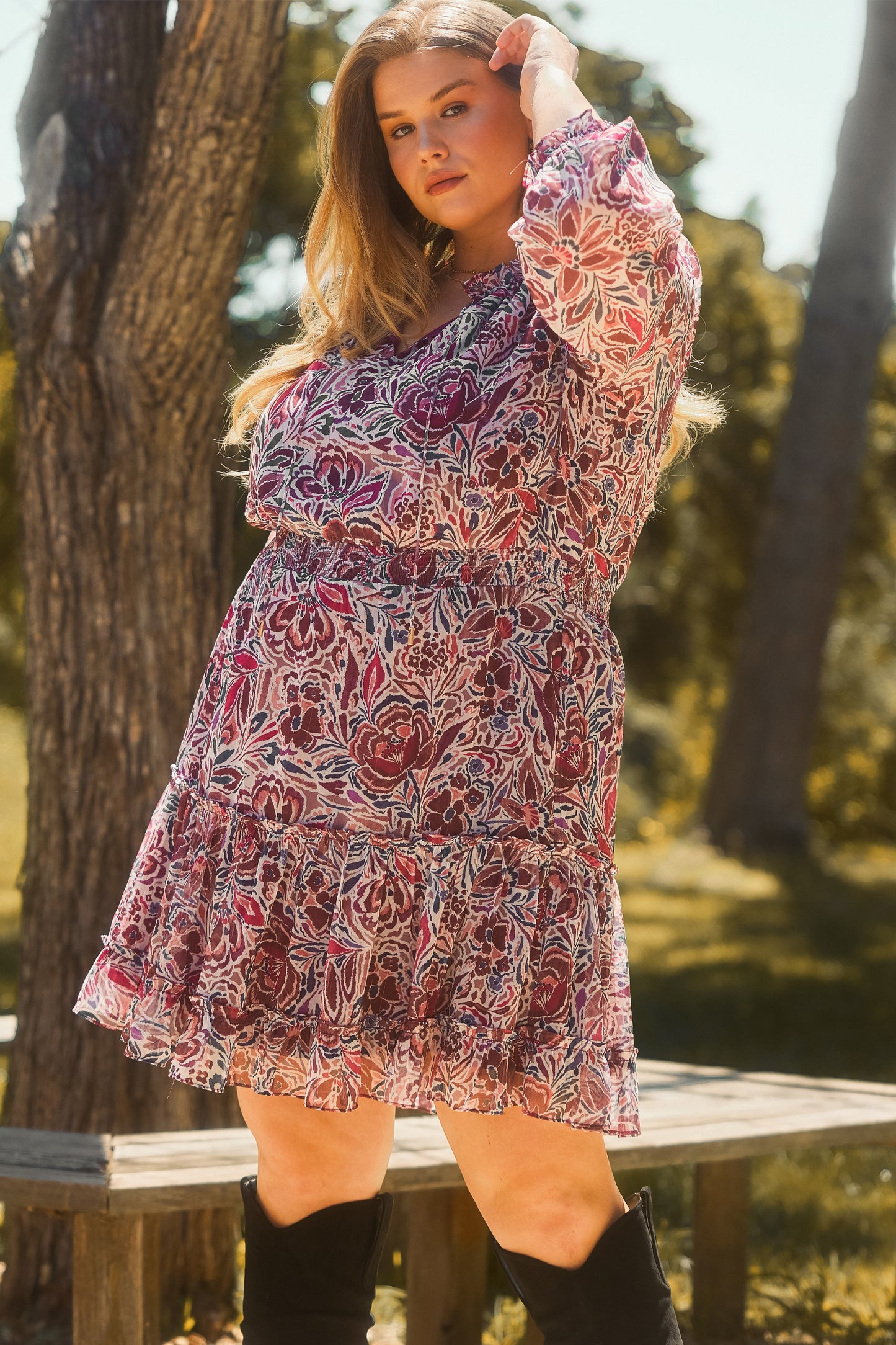 Long Sleeve Floral Print Dress (Plus Size)