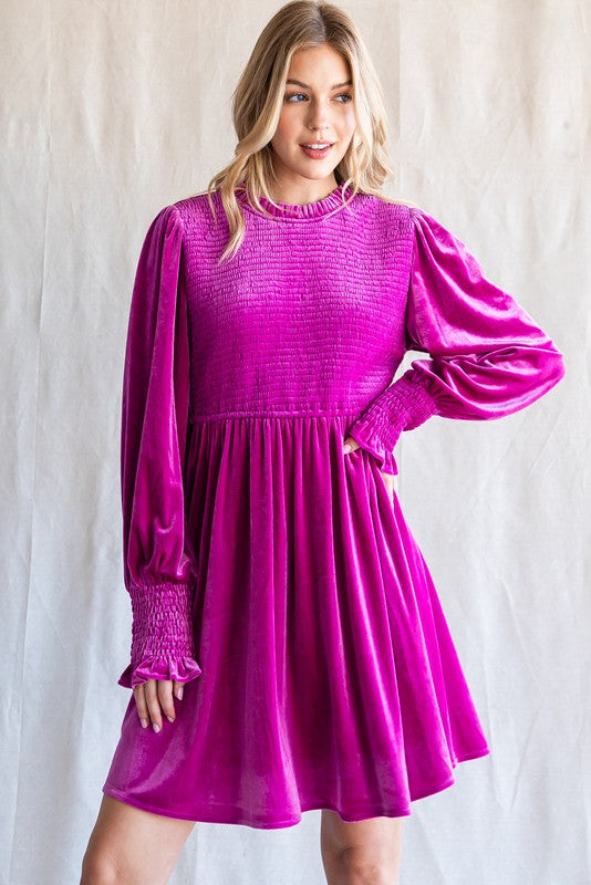 Smocked Cuff Velvet Dress (Plus Size - Magenta)