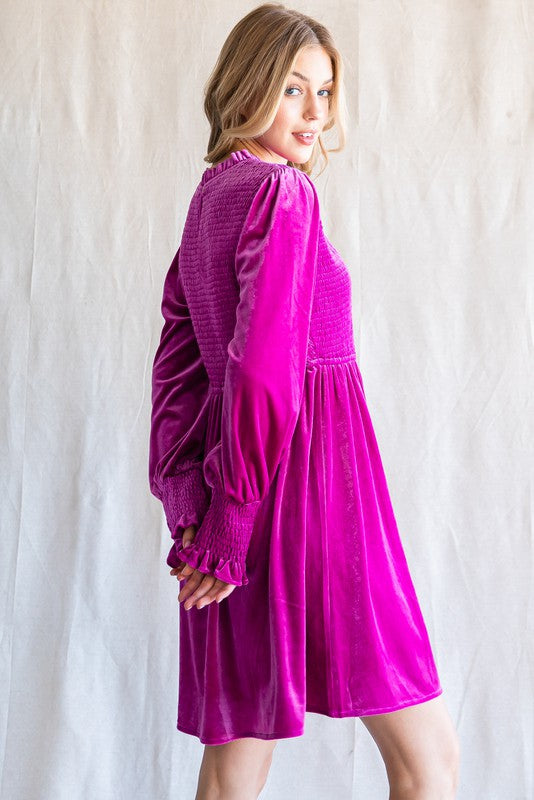 Smocked Cuff Velvet Dress (Plus Size - Magenta)