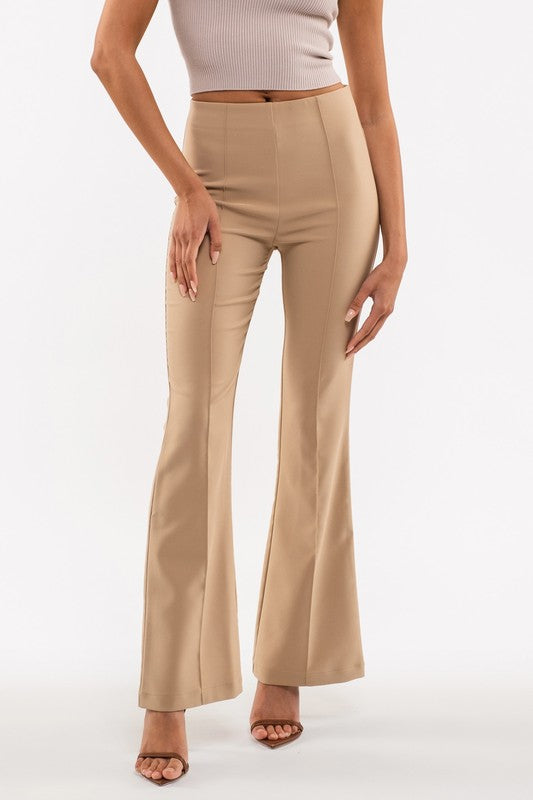 Front Seam Elastic Waist Flare Leg Pants (Khaki)