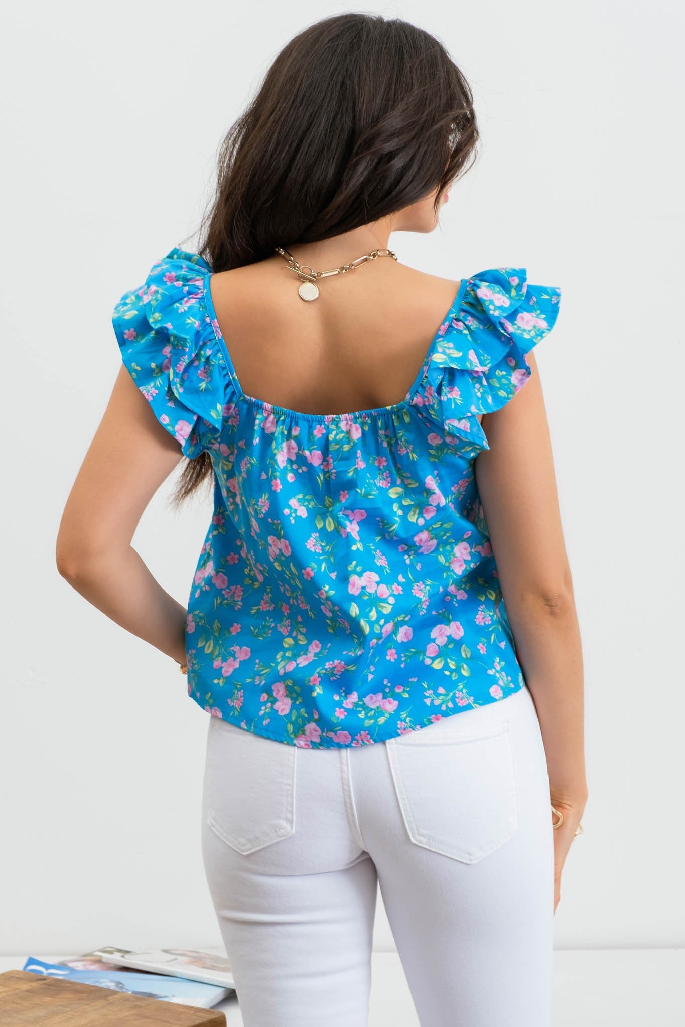 Sweetheart Neckline Ruffle Sleeve Top (Blue)