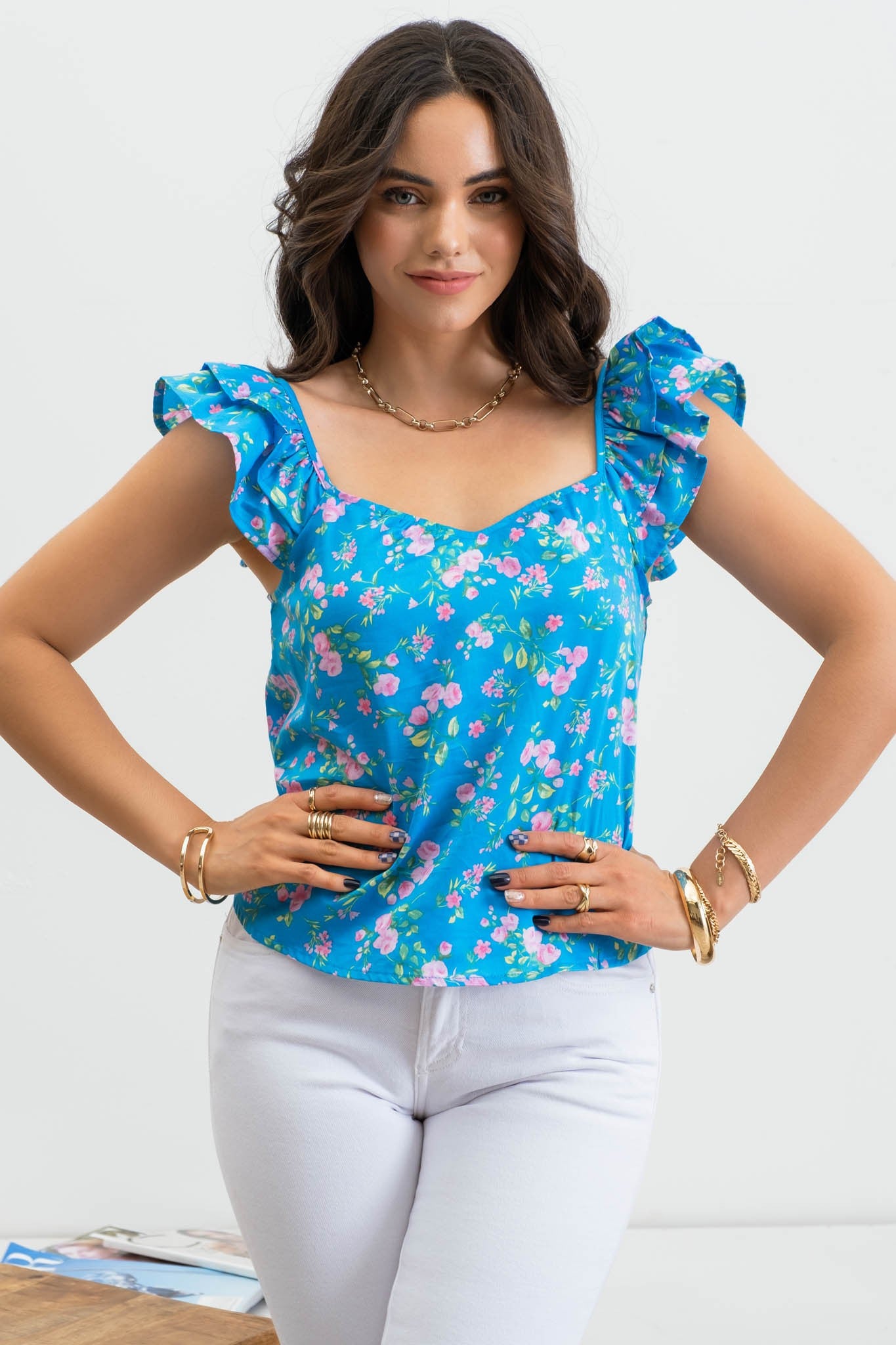 Sweetheart Neckline Ruffle Sleeve Top (Blue)