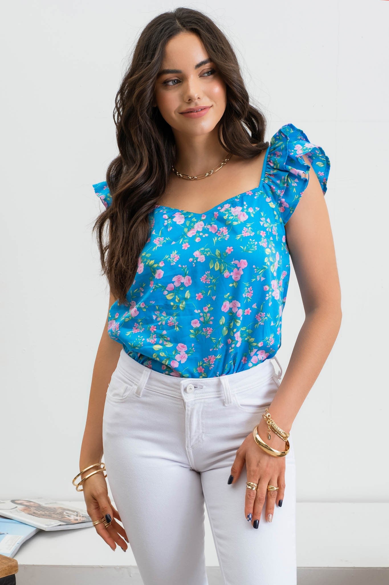 Sweetheart Neckline Ruffle Sleeve Top (Blue)