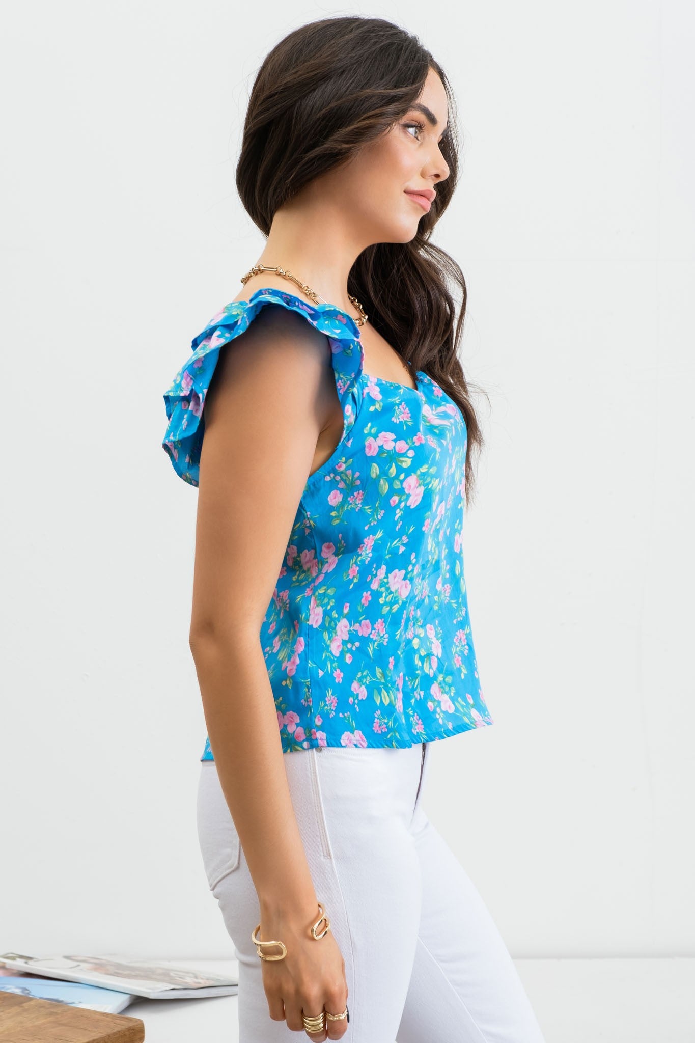 Sweetheart Neckline Ruffle Sleeve Top (Blue)