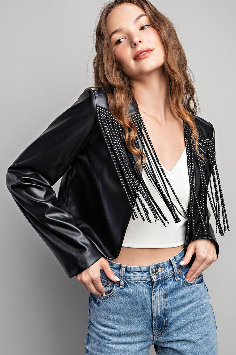 Fringe Trim Faux Leather Jacket