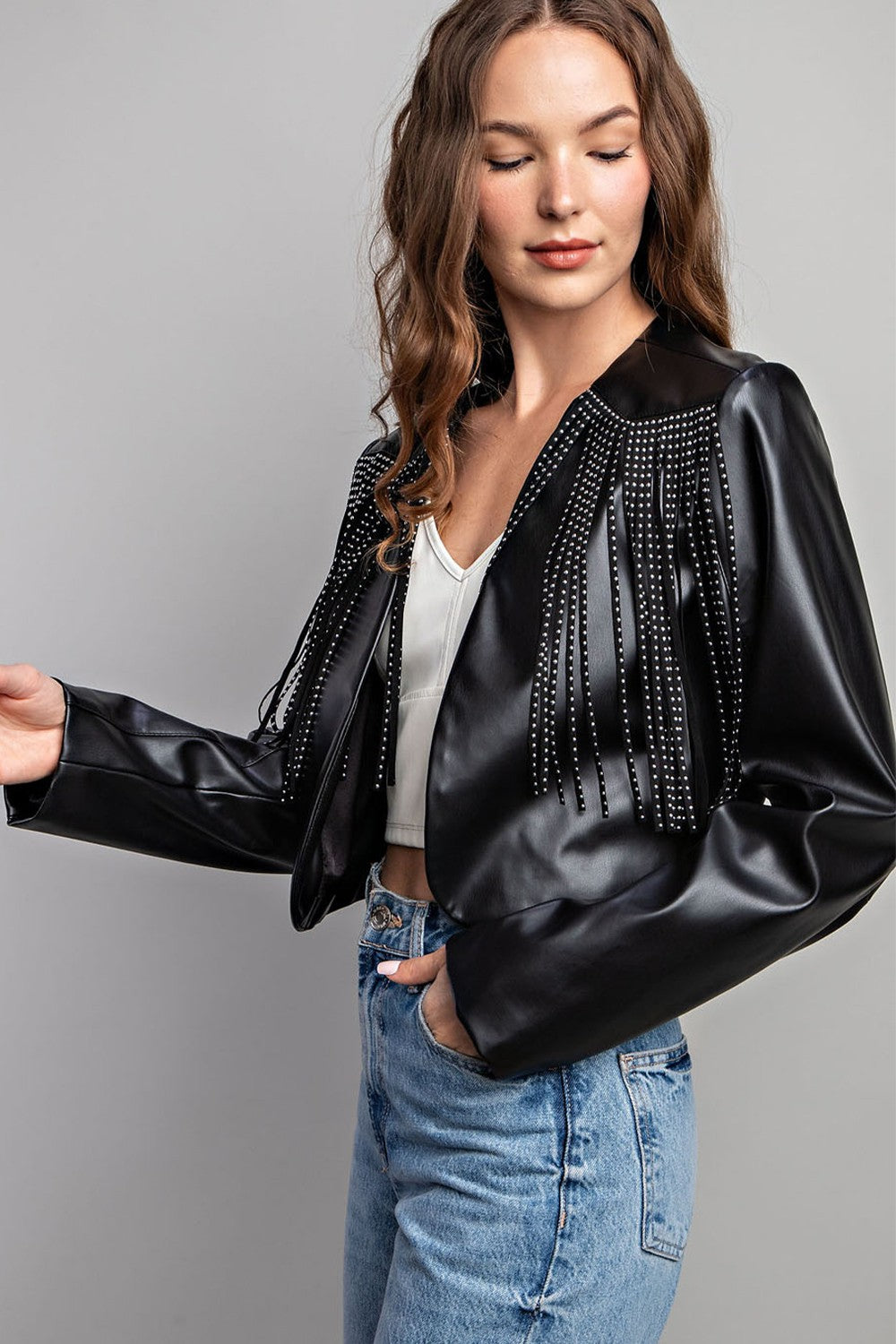 Fringe Trim Faux Leather Jacket