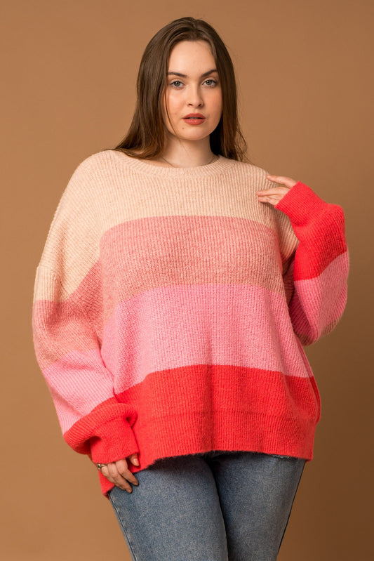 Round Neck Color Block Sweater (Plus Size)