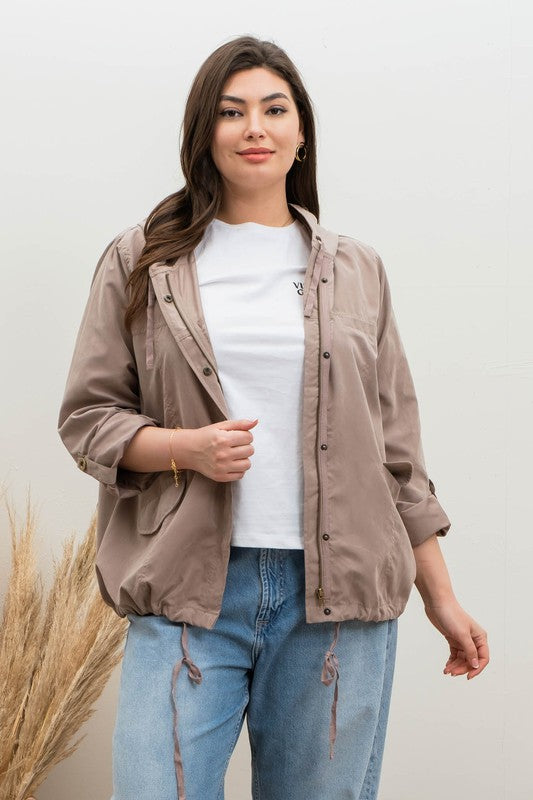 Zip Front Lightweight Hooded Jacket (Plus Size - Mocha)