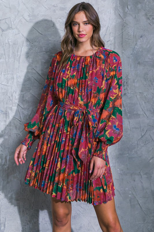 Fall Print Pleated Dress