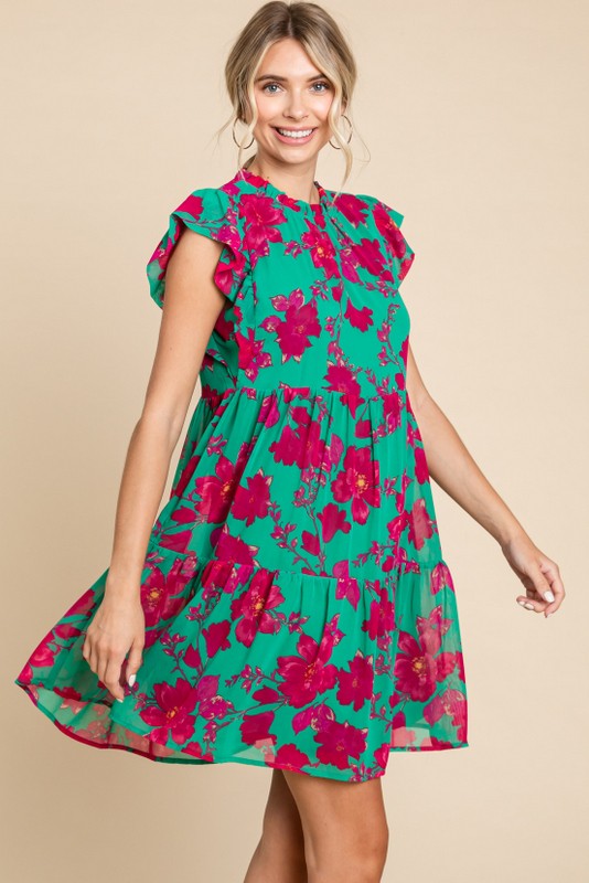 Floral Cap Sleeve Tiered Dress