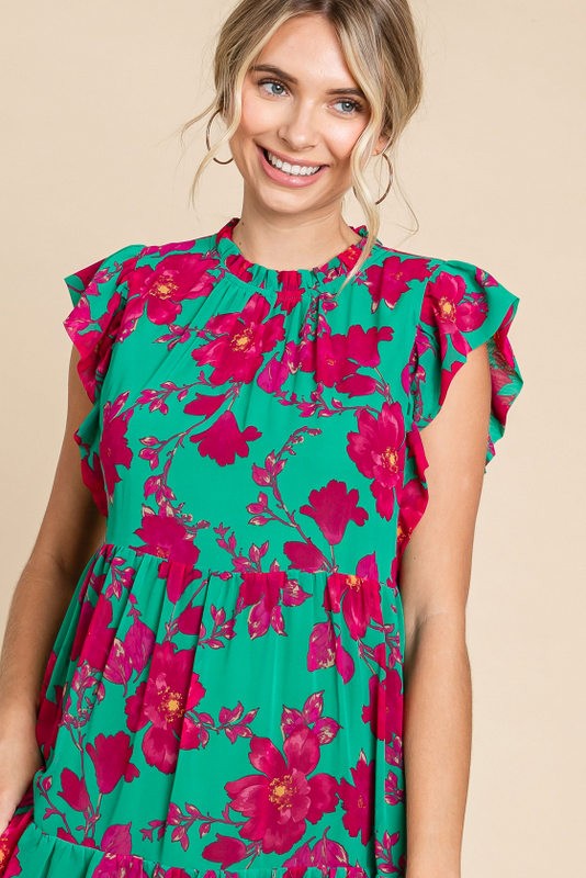 Floral Cap Sleeve Tiered Dress