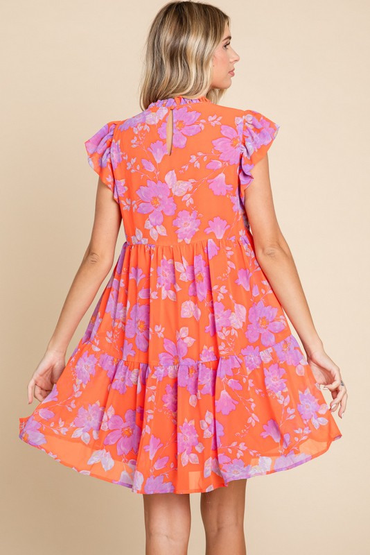 Floral Cap Sleeve Tiered Dress (Orange)