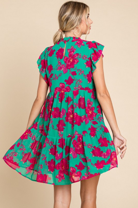 Floral Cap Sleeve Tiered Dress