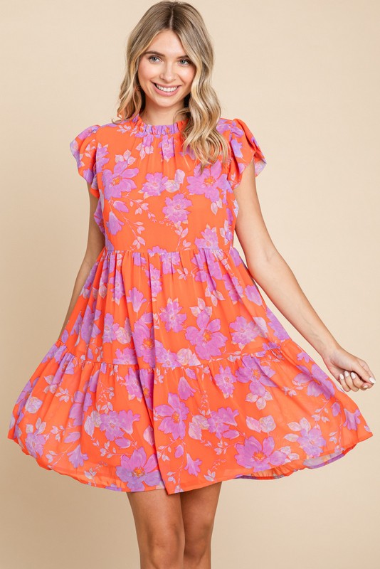 Floral Cap Sleeve Tiered Dress (Orange)