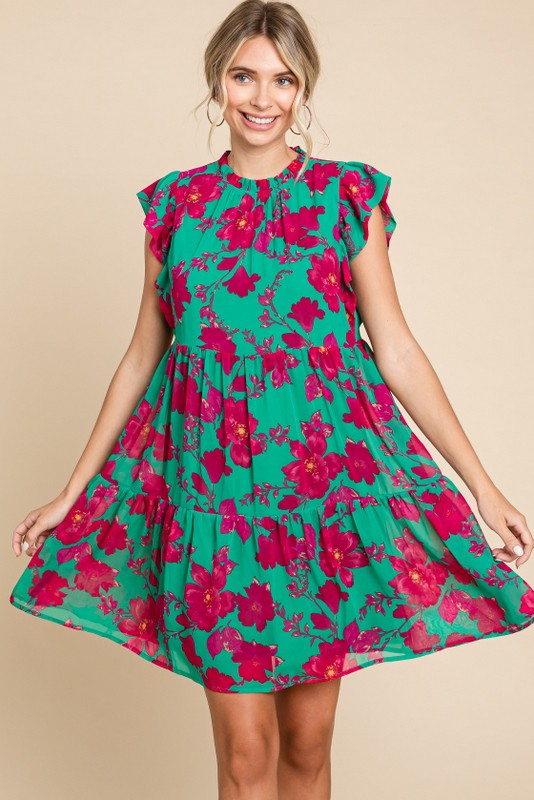 Floral Cap Sleeve Tiered Dress