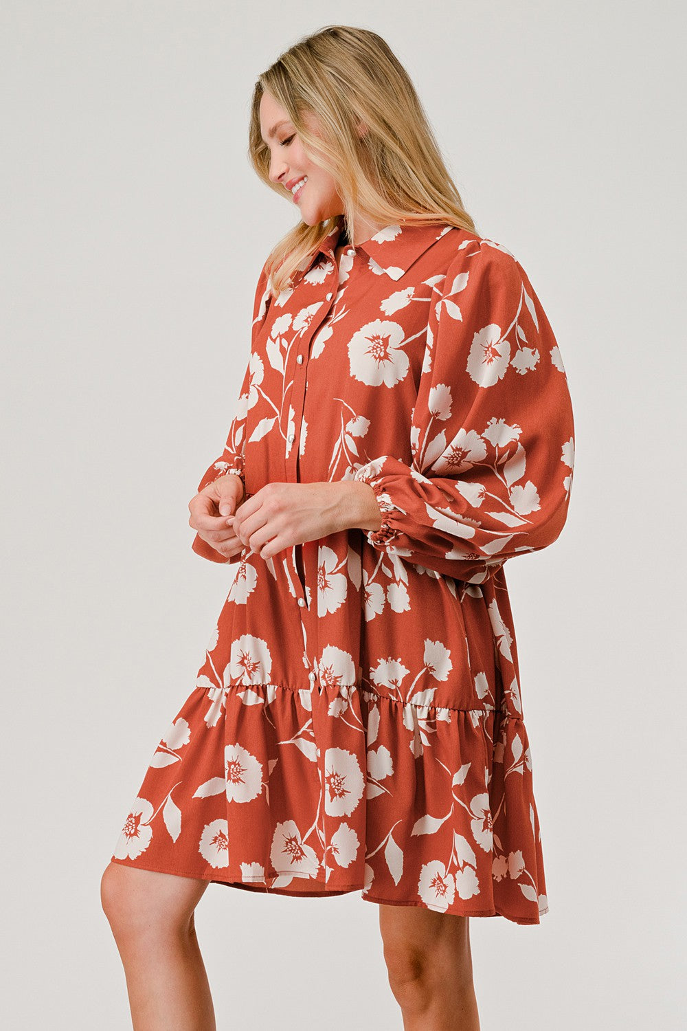 Pearl Button Floral Shirt Dress