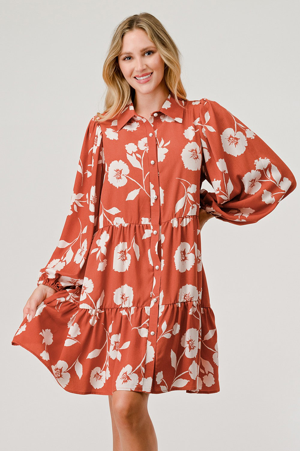 Pearl Button Floral Shirt Dress