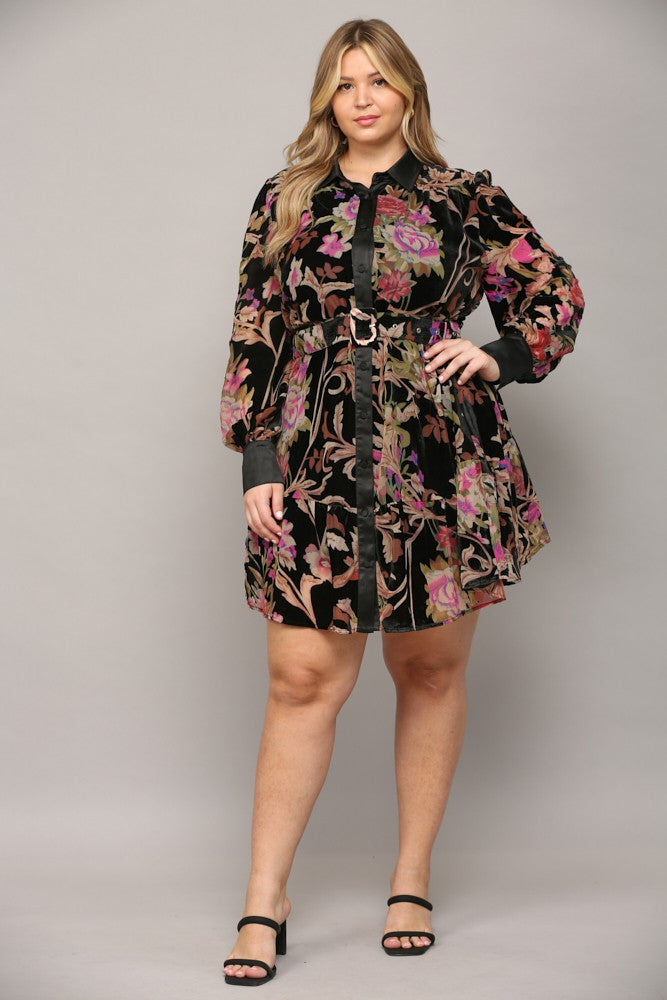 Floral Burn Out Velvet Belted Dress (Plus Size)