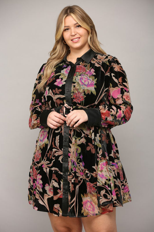 Floral Burn Out Velvet Belted Dress (Plus Size)