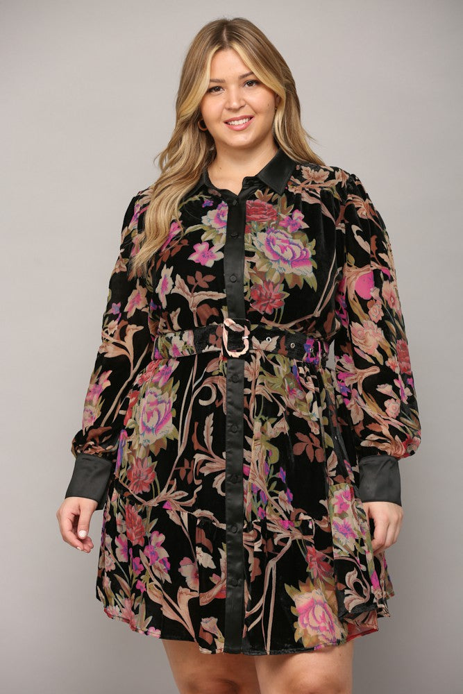 Floral Burn Out Velvet Belted Dress (Plus Size)