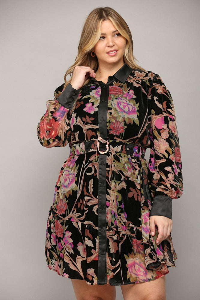 Floral Burn Out Velvet Belted Dress (Plus Size)