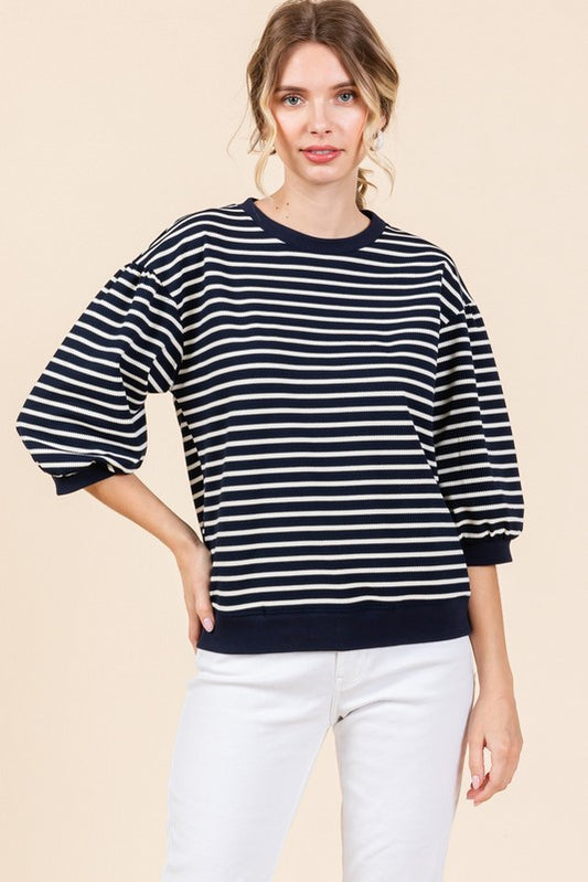 Striped 3/4 Sleeve Pullover (Navy - Plus Size)