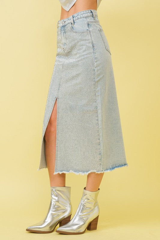 Sparkle Studded Denim Midi Skirt