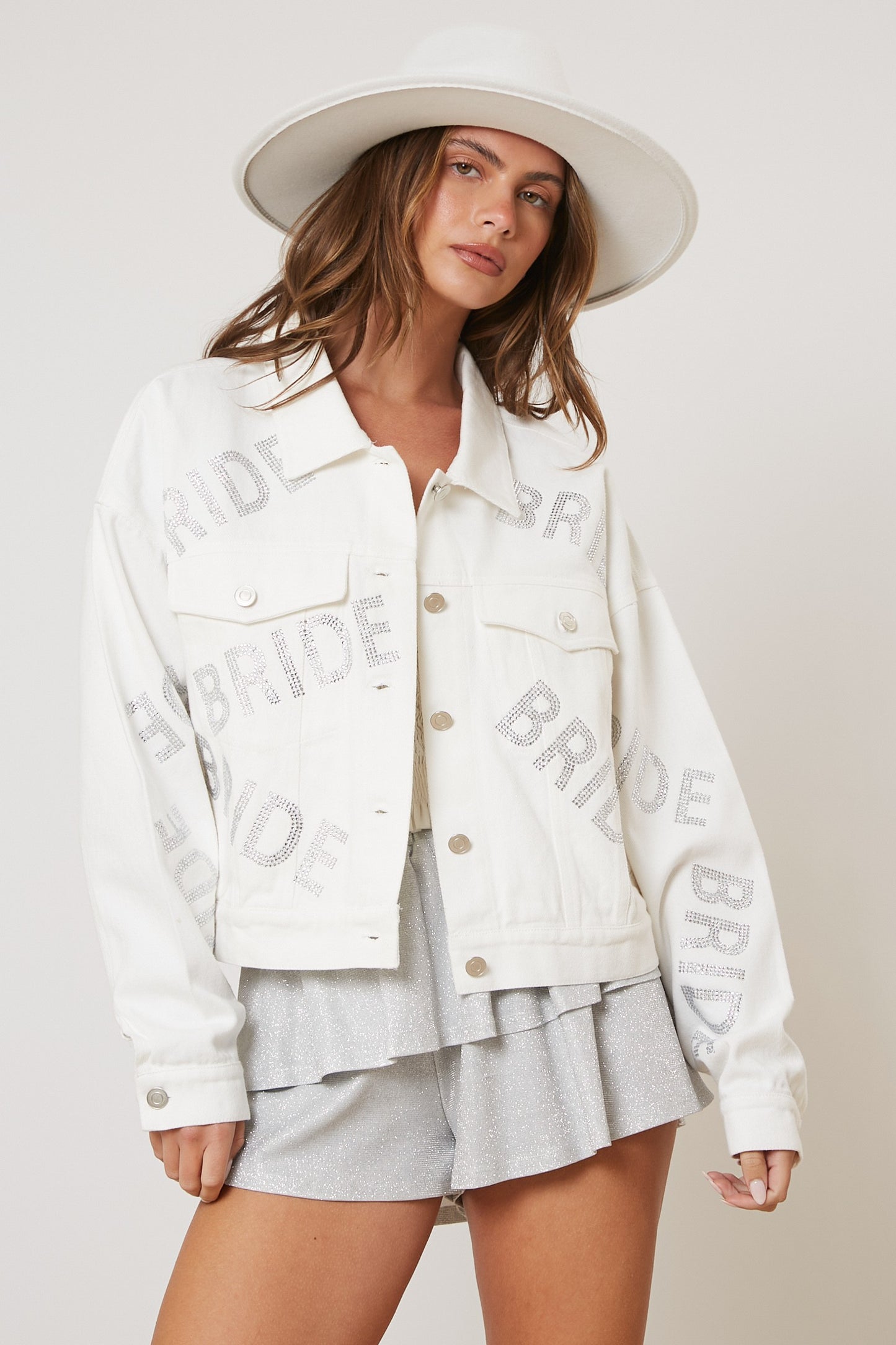 Silver Sequin "Bride" White Denim Jacket