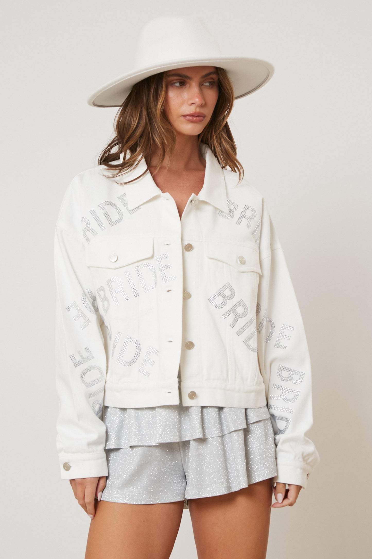 Silver Sequin "Bride" White Denim Jacket