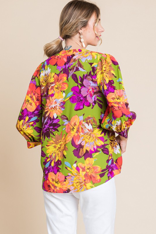 Floral Print 3/4 Peasant Sleeve Top